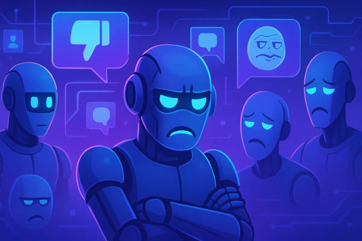 Une personne utilise un assistant IA sur smartphone près d’un robot de service, sous le regard sceptique d’un passant.