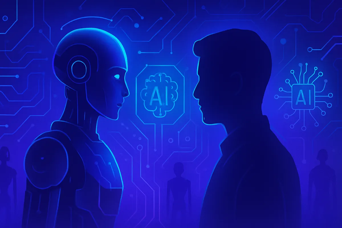 Développeur analysant du code avec un assistant IA relié à des fichiers et à un terminal informatique.