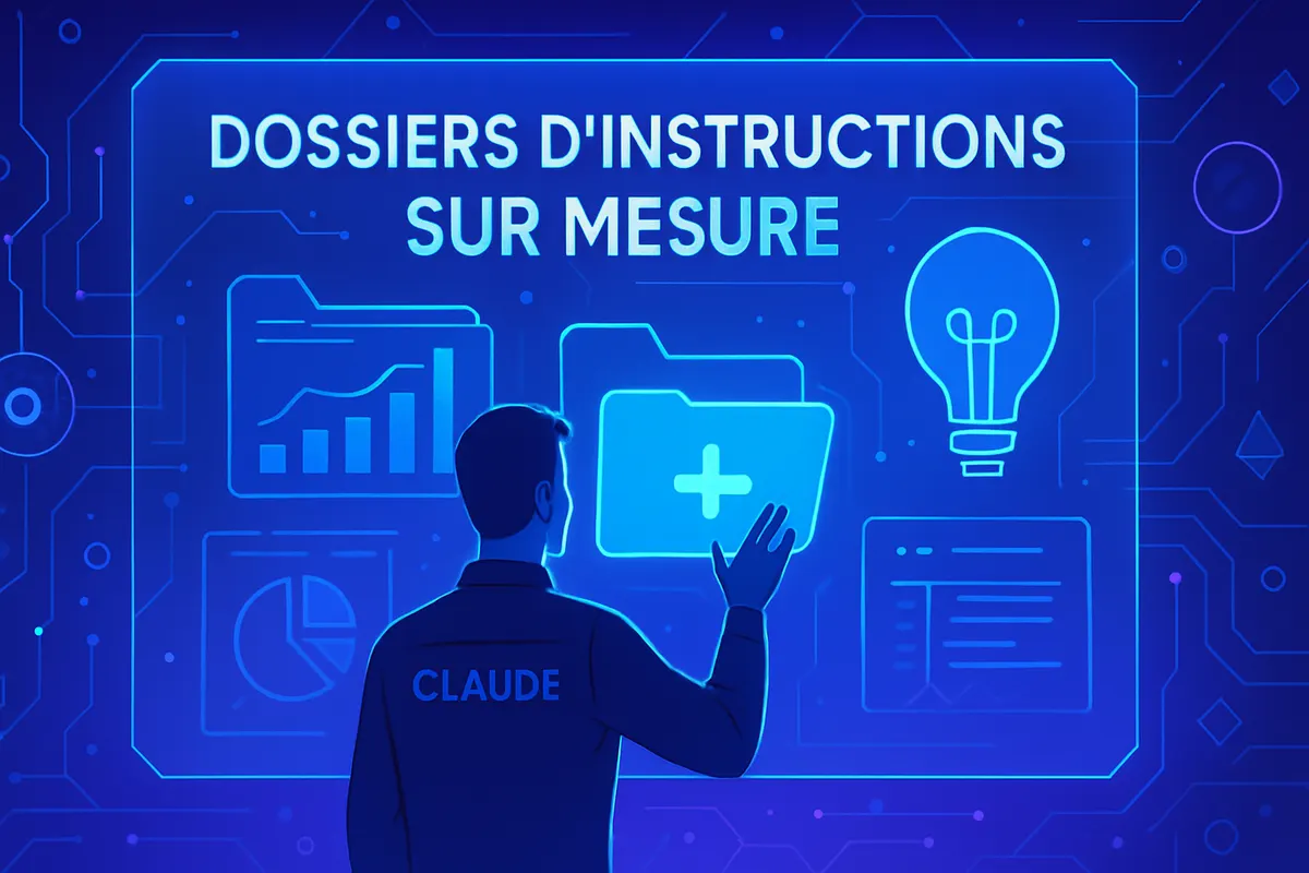 Un poste de travail où des dossiers d’instructions organisent documents, tableurs et tâches assistées par IA.