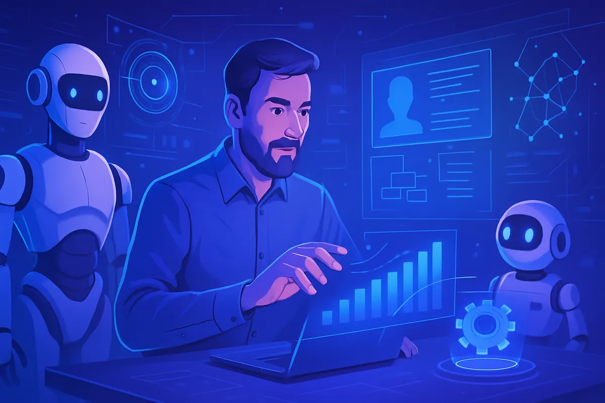 Employée vérifiant un workflow assisté par IA avec documents, tableur et présentation au bureau
