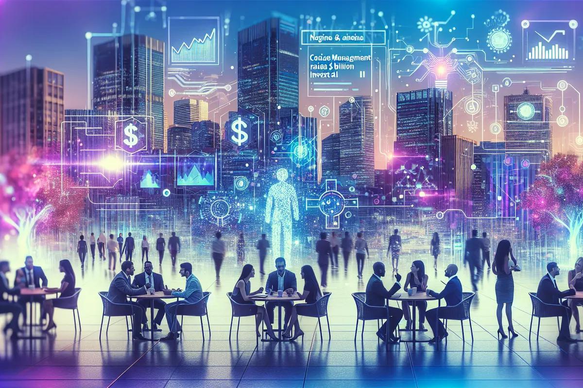 Des investisseurs étudient un robot humanoïde et des données d’IA dans une salle de réunion.