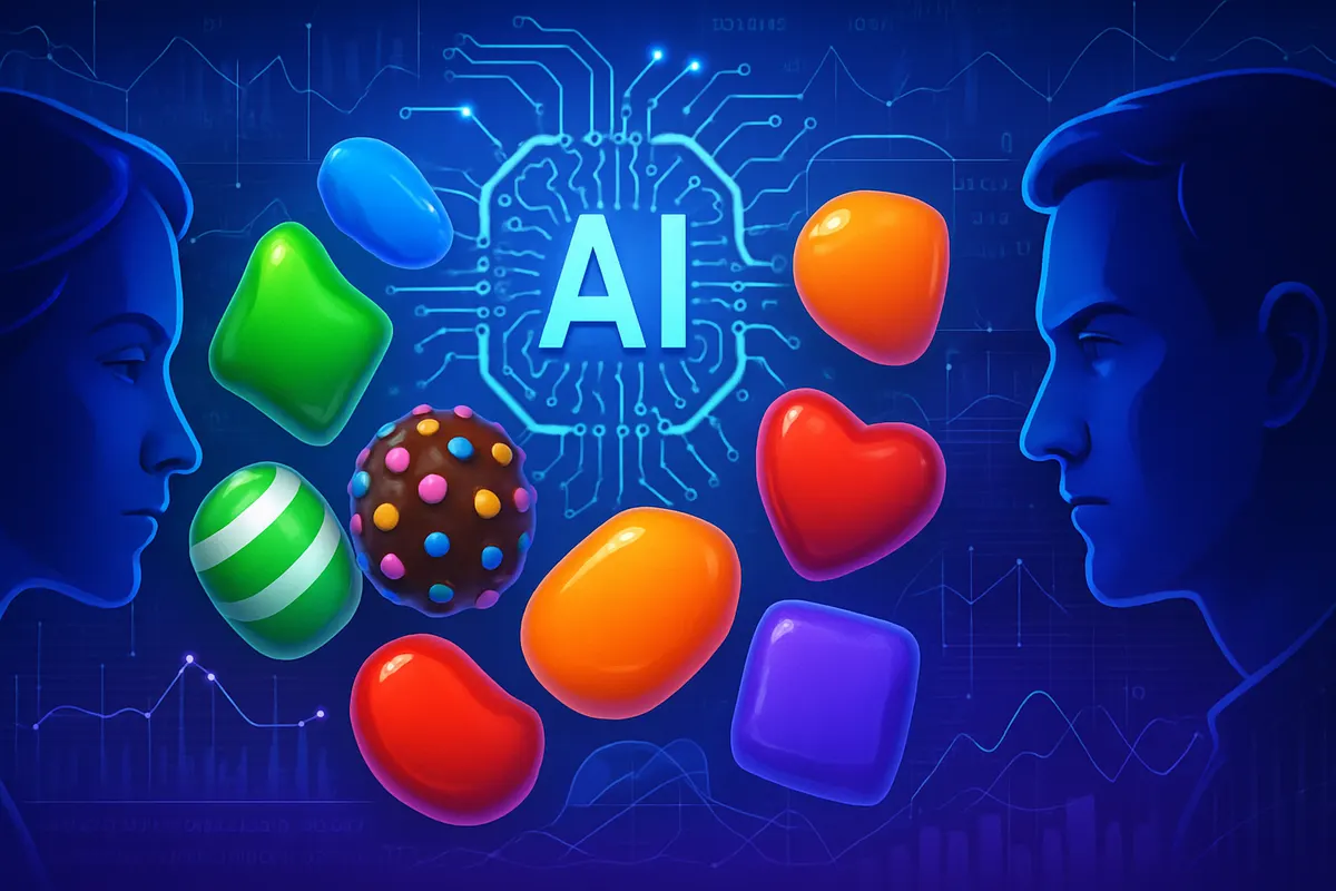 Des concepteurs analysent des niveaux de jeu mobile et des données de parties sur plusieurs écrans.