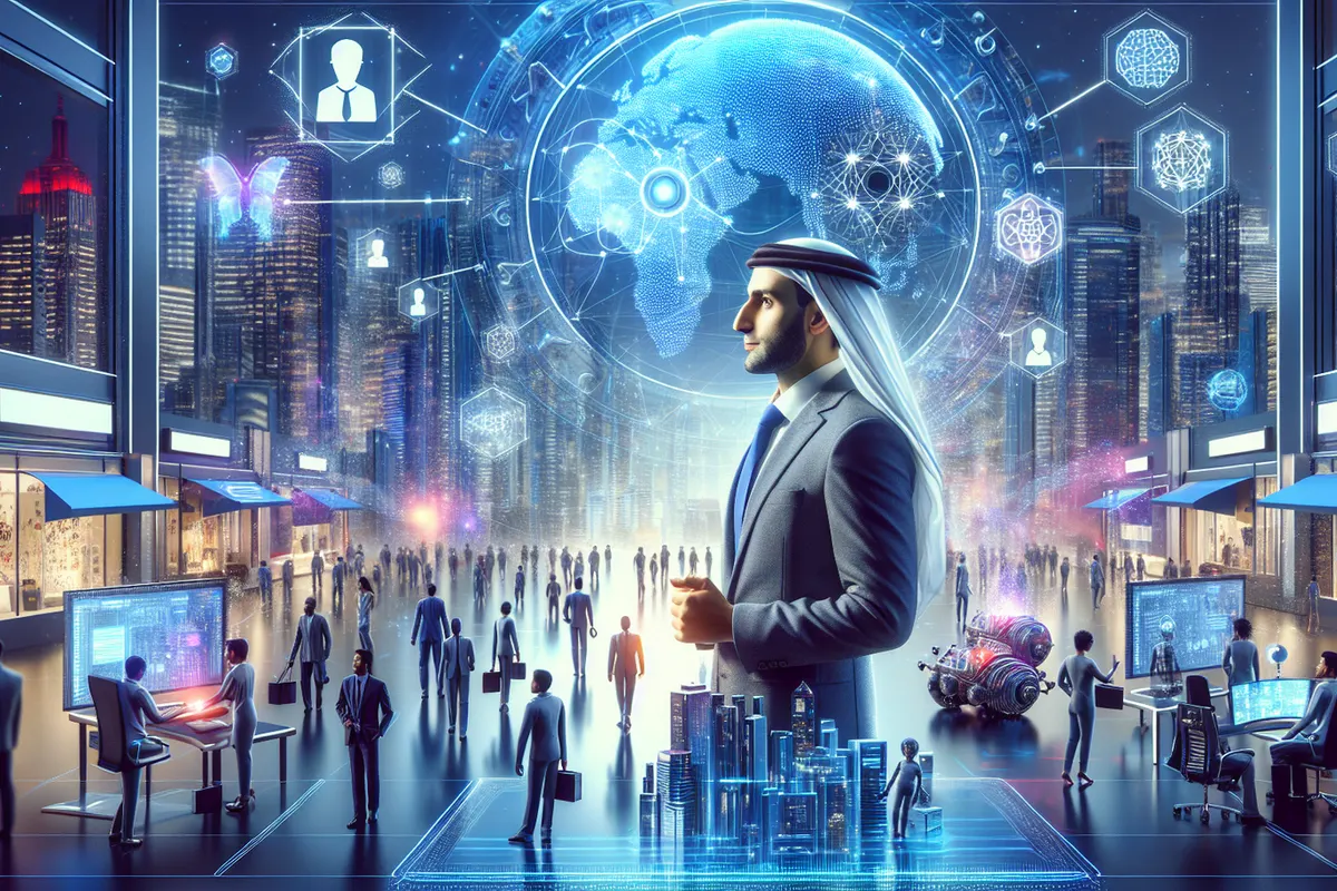 Un entrepreneur devant des serveurs et des équipes travaillant sur des systèmes d’intelligence artificielle.