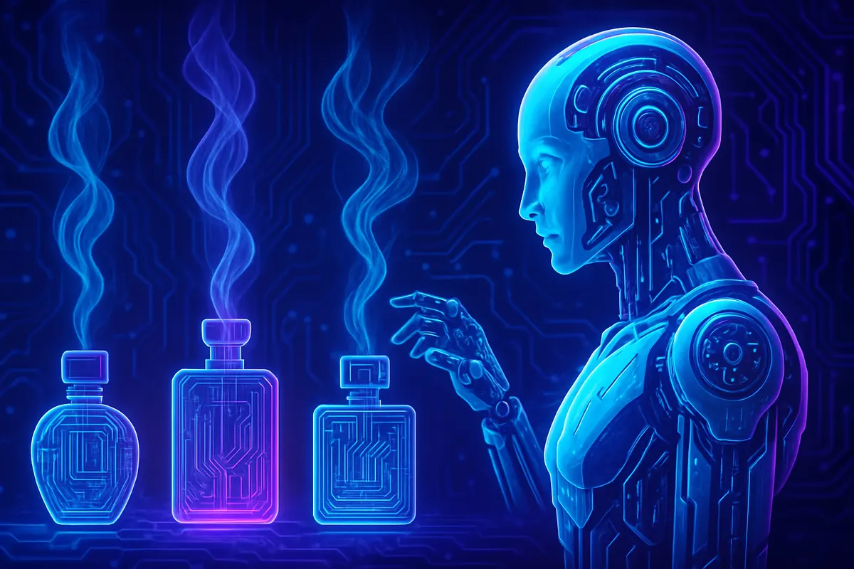 Une parfumeuse compare des fioles en laboratoire avec une interface d’intelligence artificielle olfactive.