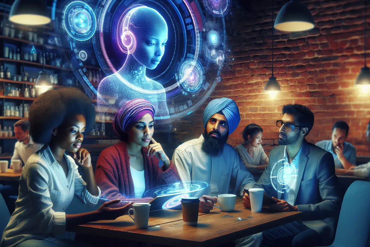 Une personne échange avec un avatar numérique, entouré de symboles d’identité et de transactions sécurisées.