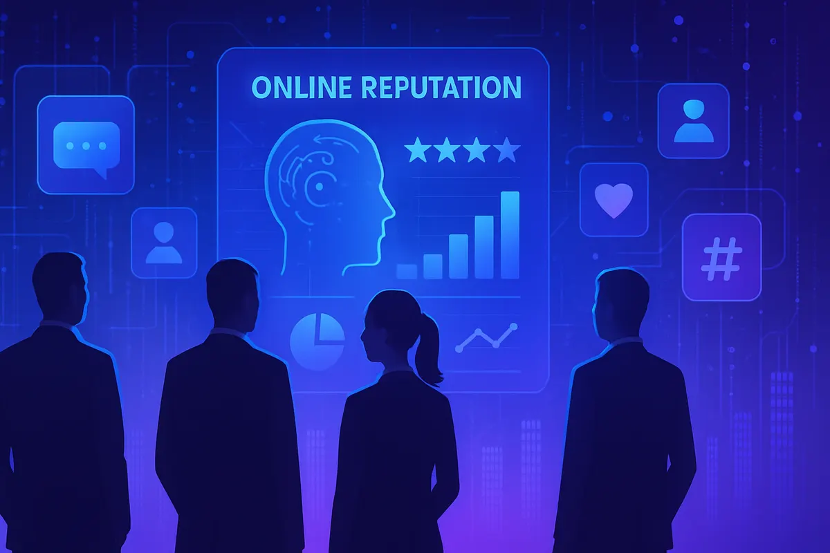 Une dirigeante et son équipe analysent une veille numérique assistée par intelligence artificielle.