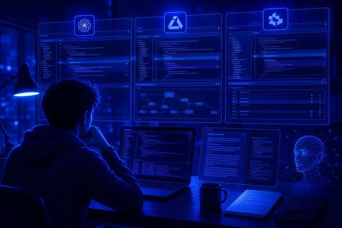 Développeur comparant trois agents d’IA dans un terminal pour analyser et modifier un projet logiciel.
