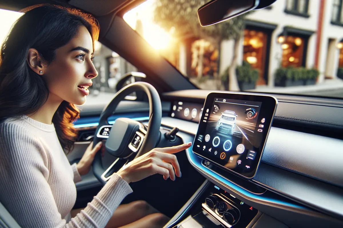 Conducteur au volant utilisant les aides numériques et les informations affichées dans une voiture connectée.