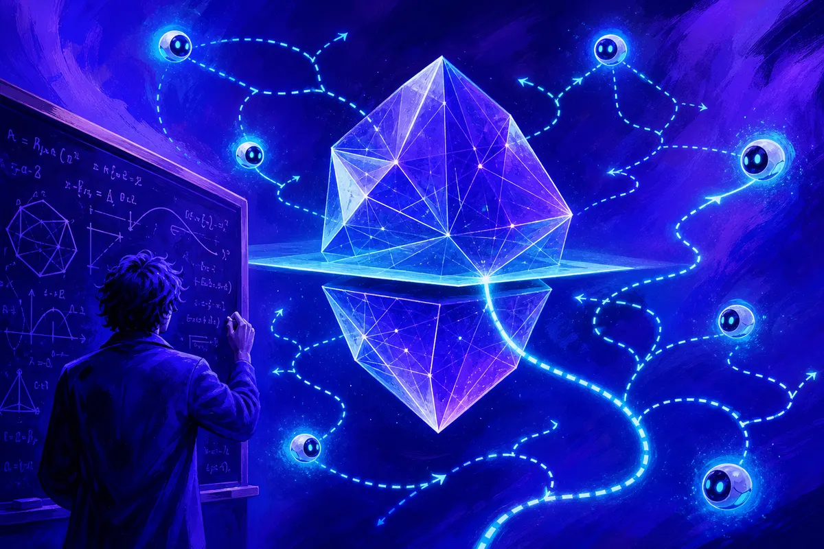Illustration d’un solide géométrique lumineux tranché par un plan de lumière, observé par un mathématicien entouré d’IA