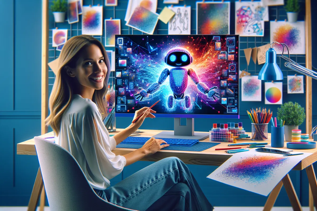 Utilisateur rédigeant un prompt sur ordinateur devant quatre propositions d’images générées par IA