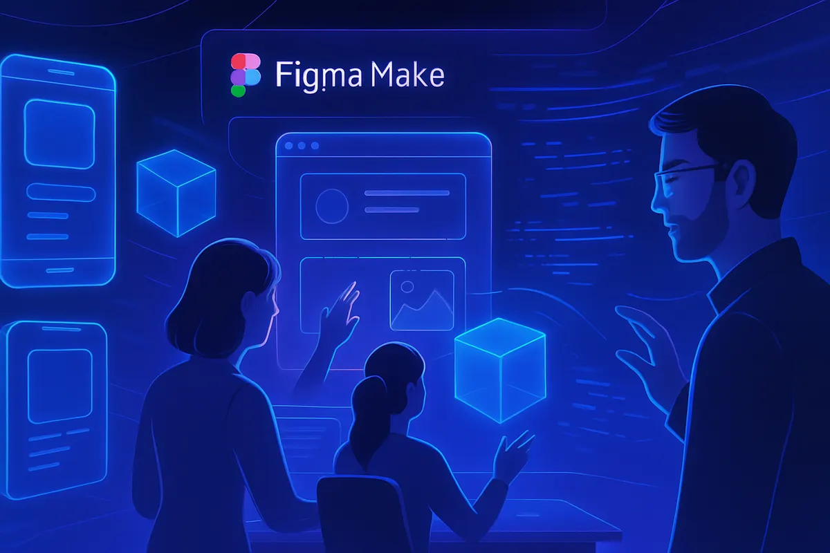Une équipe produit compare des prototypes interactifs et des composants d’interface sur un espace de travail partagé.