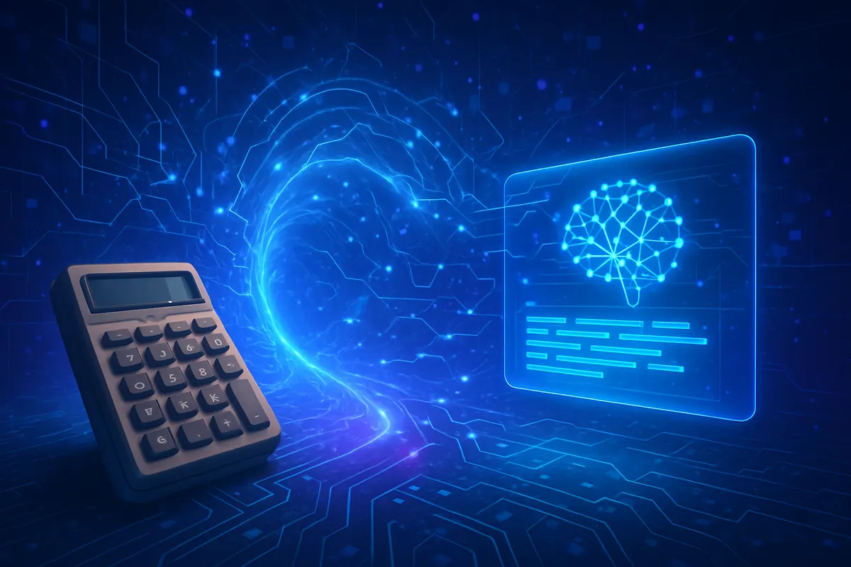 Une calculatrice, un ordinateur ancien et une interface conversationnelle illustrent l’évolution de l’IA.