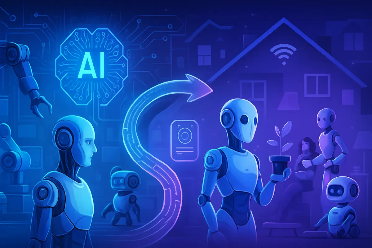 Deux robots humanoïdes rangent des aliments dans les placards et le réfrigérateur d’une cuisine.
