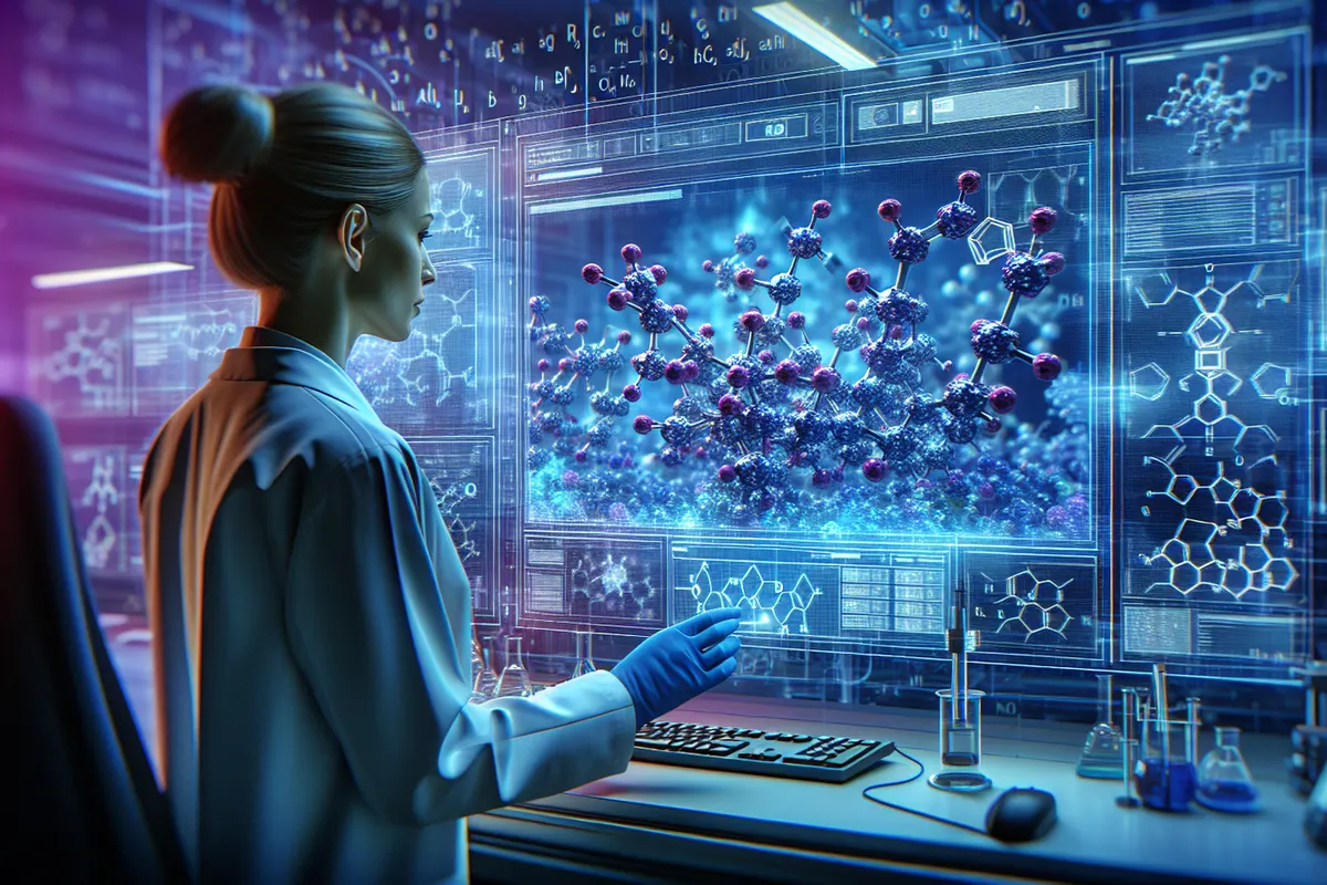 Visualisation de molécules et de structures atomiques analysées par un système de chimie computationnelle assisté par IA.
