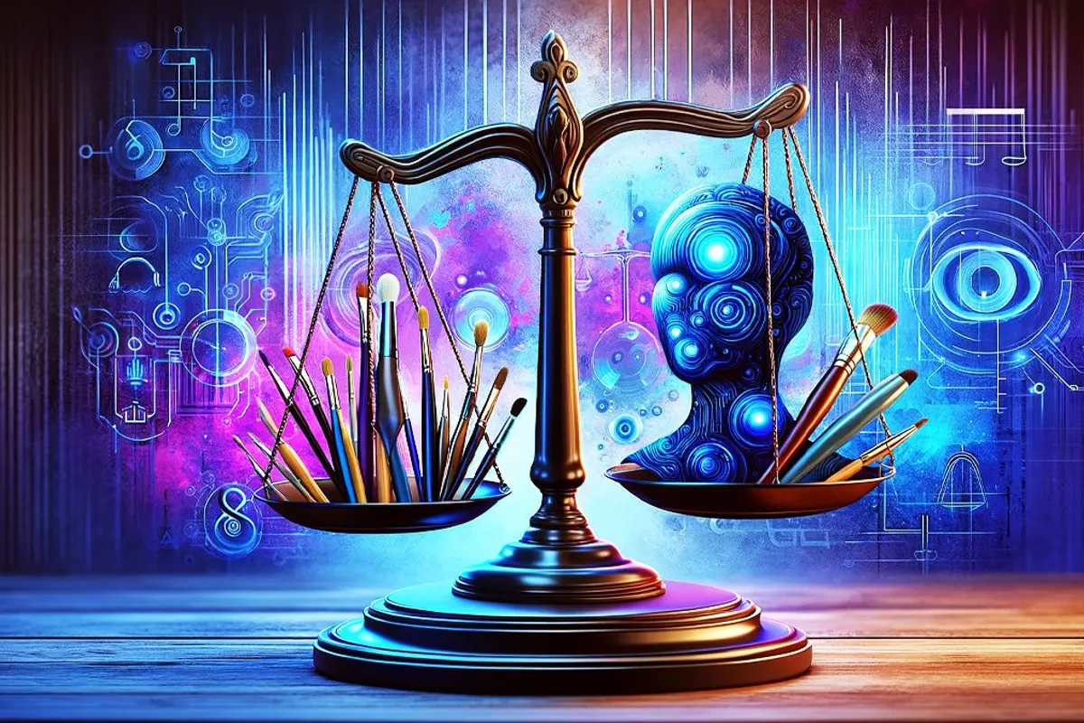 Une illustratrice face à ses dessins, à un réseau d’images numériques et à un tribunal symbolisant le litige.