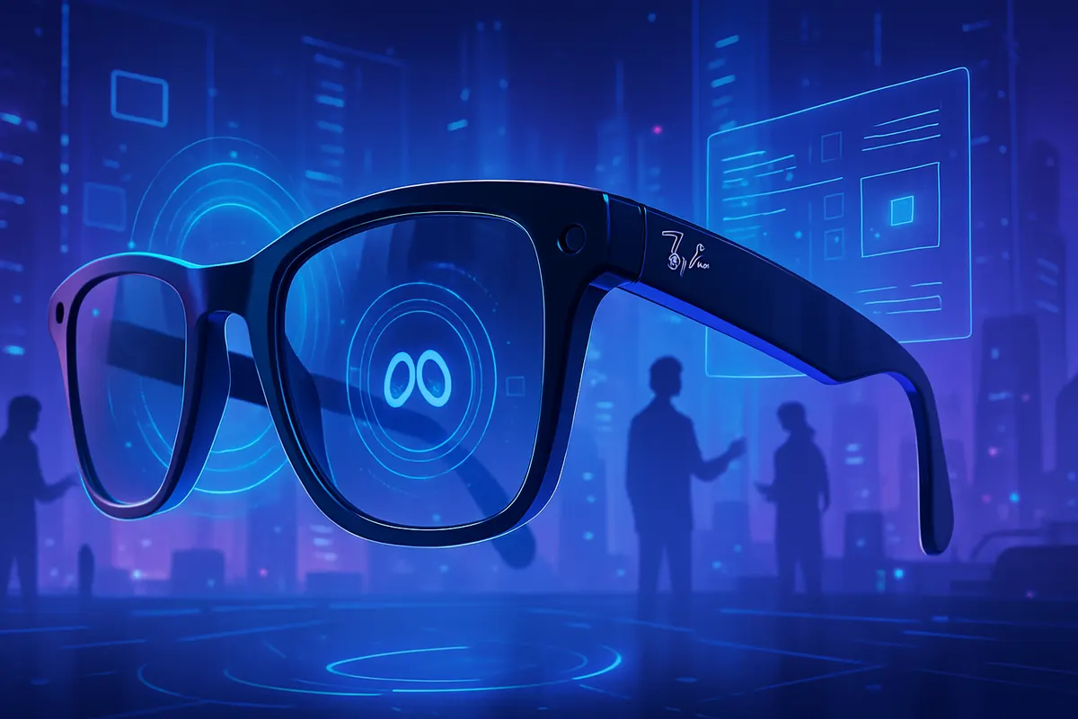 Personne portant des lunettes connectées dans une rue, utilisant une commande vocale en marchant.