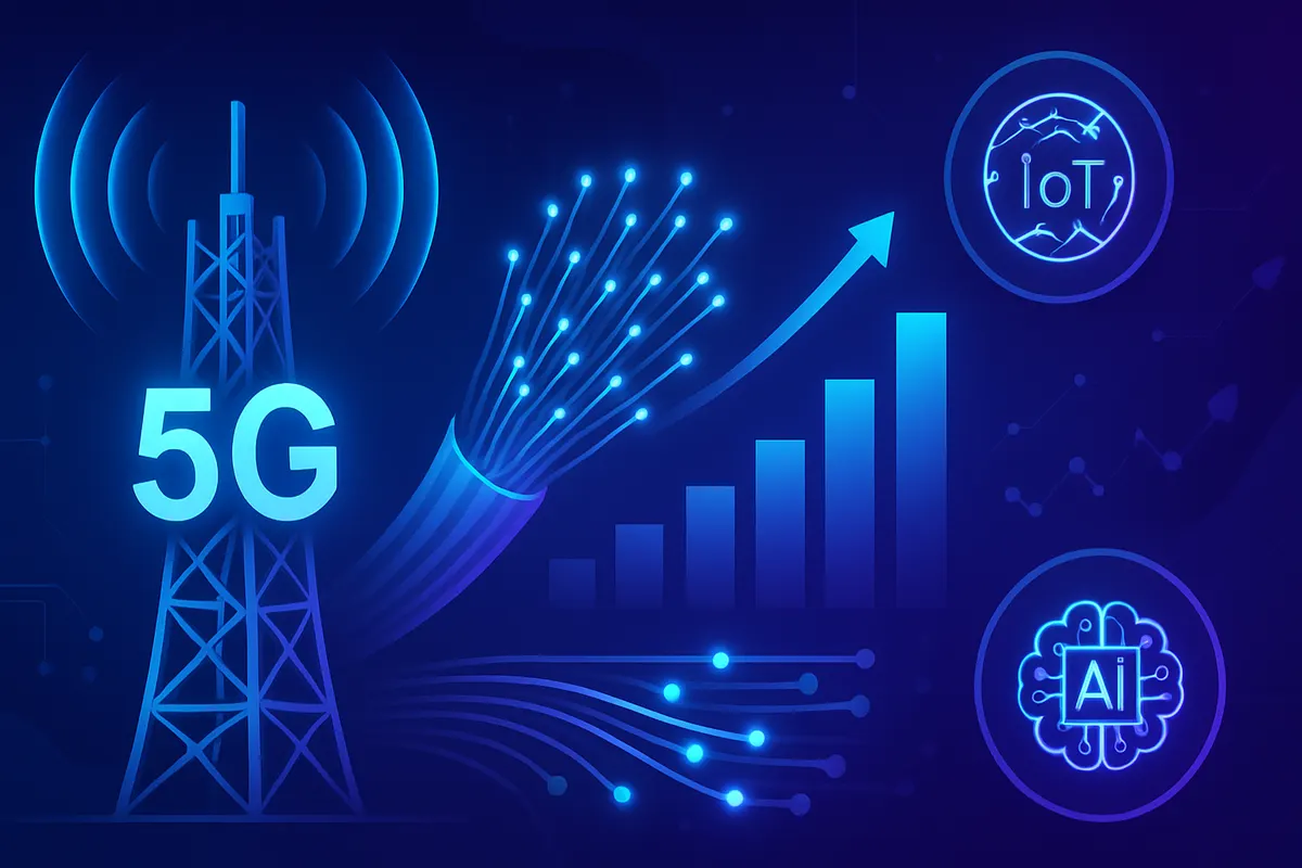 Technicien devant une antenne mobile illustrant la 5G, le cloud et l’intelligence artificielle dans les télécommunications.