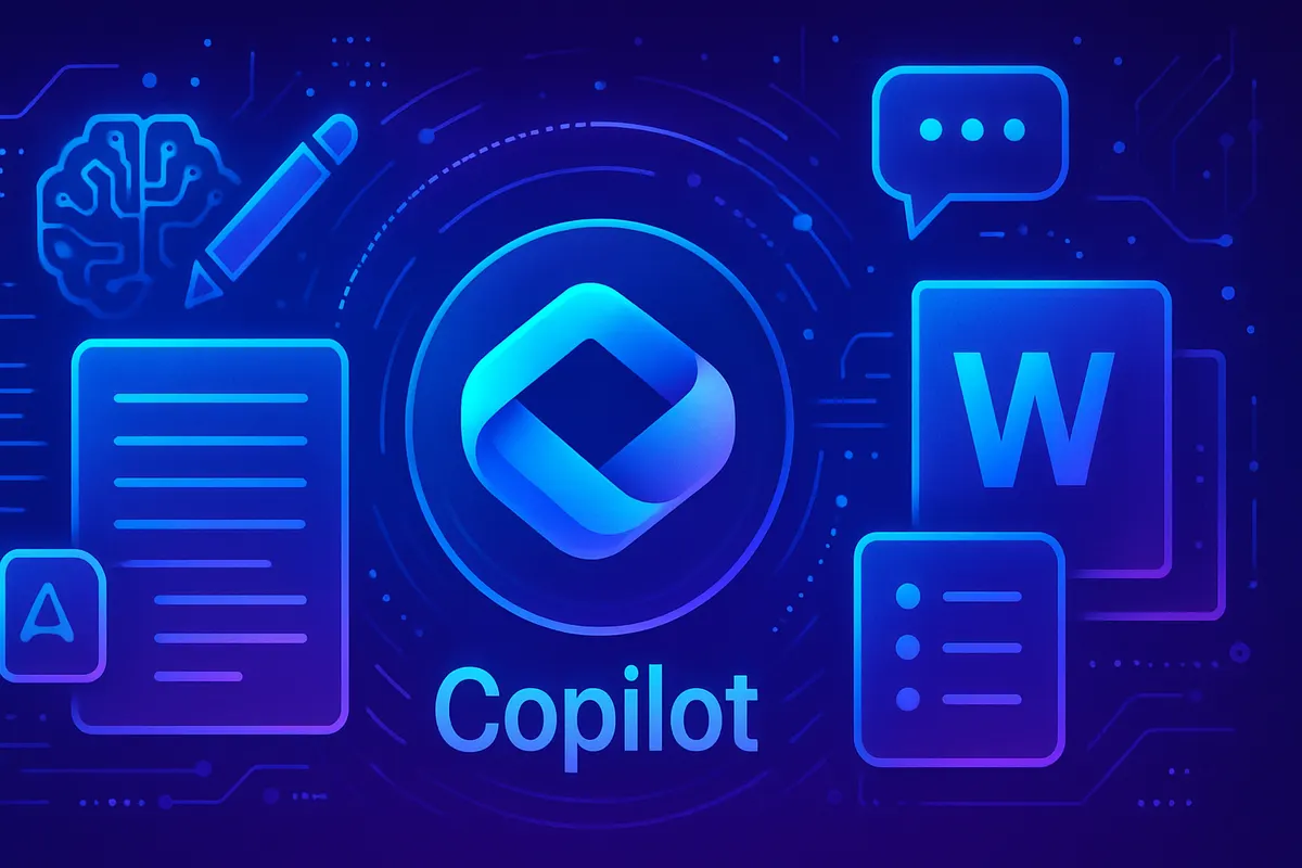 Une personne relit dans Word un document assisté par IA, avec un résumé et des notes de réunion à côté.
