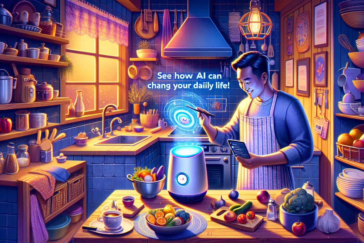 Une personne organise sa journée chez elle tandis qu’un robot aspirateur et des outils numériques l’assistent.