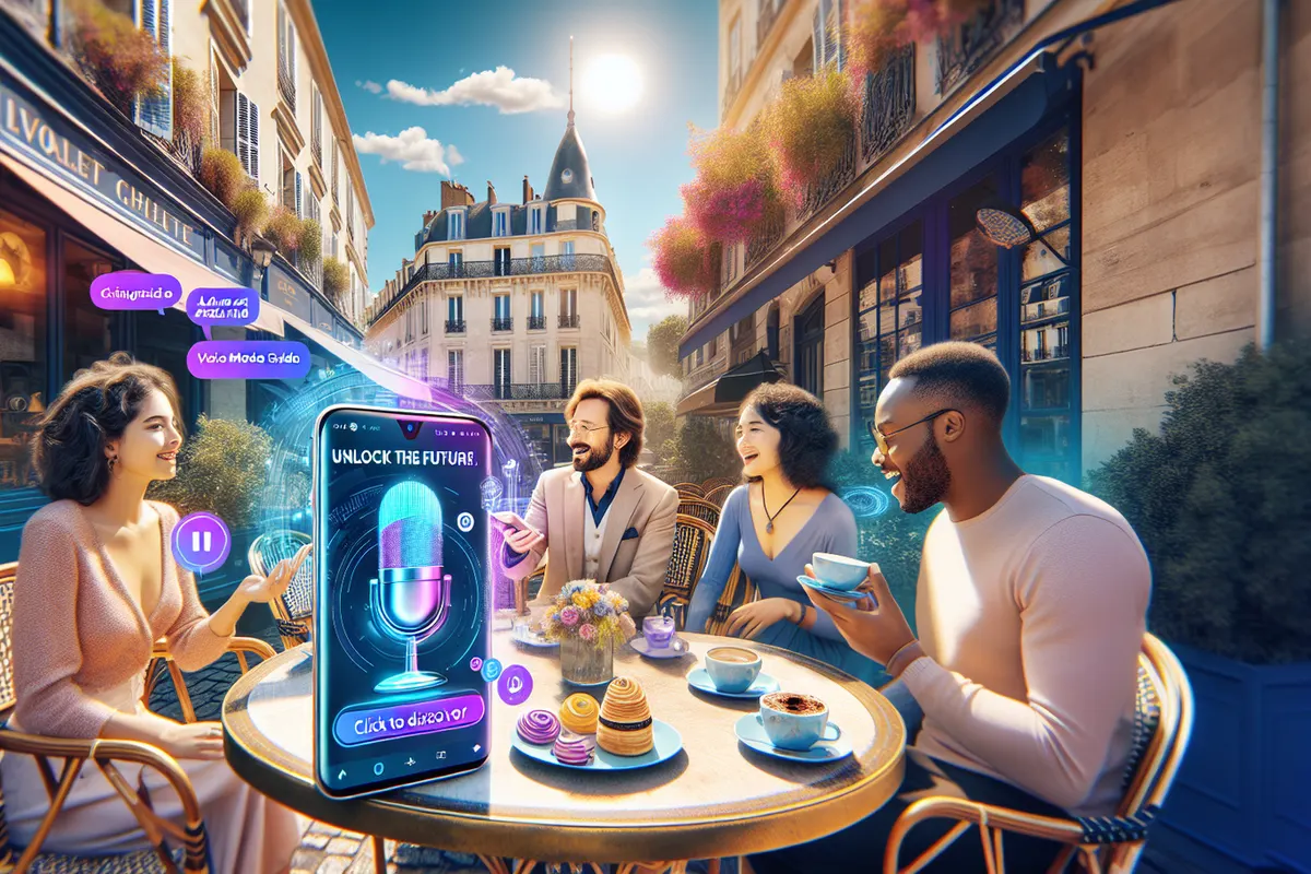 Une personne utilise la conversation vocale d’un assistant IA depuis son smartphone, devant un bureau.