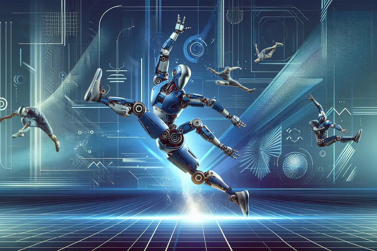 Un robot humanoïde effectue un saut acrobatique dans un espace d’essai industriel, devant un second robot.