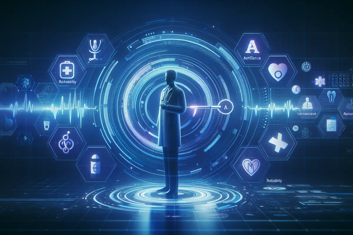 Professionnel de santé dictant une note médicale devant un poste de travail avec transcription vocale.