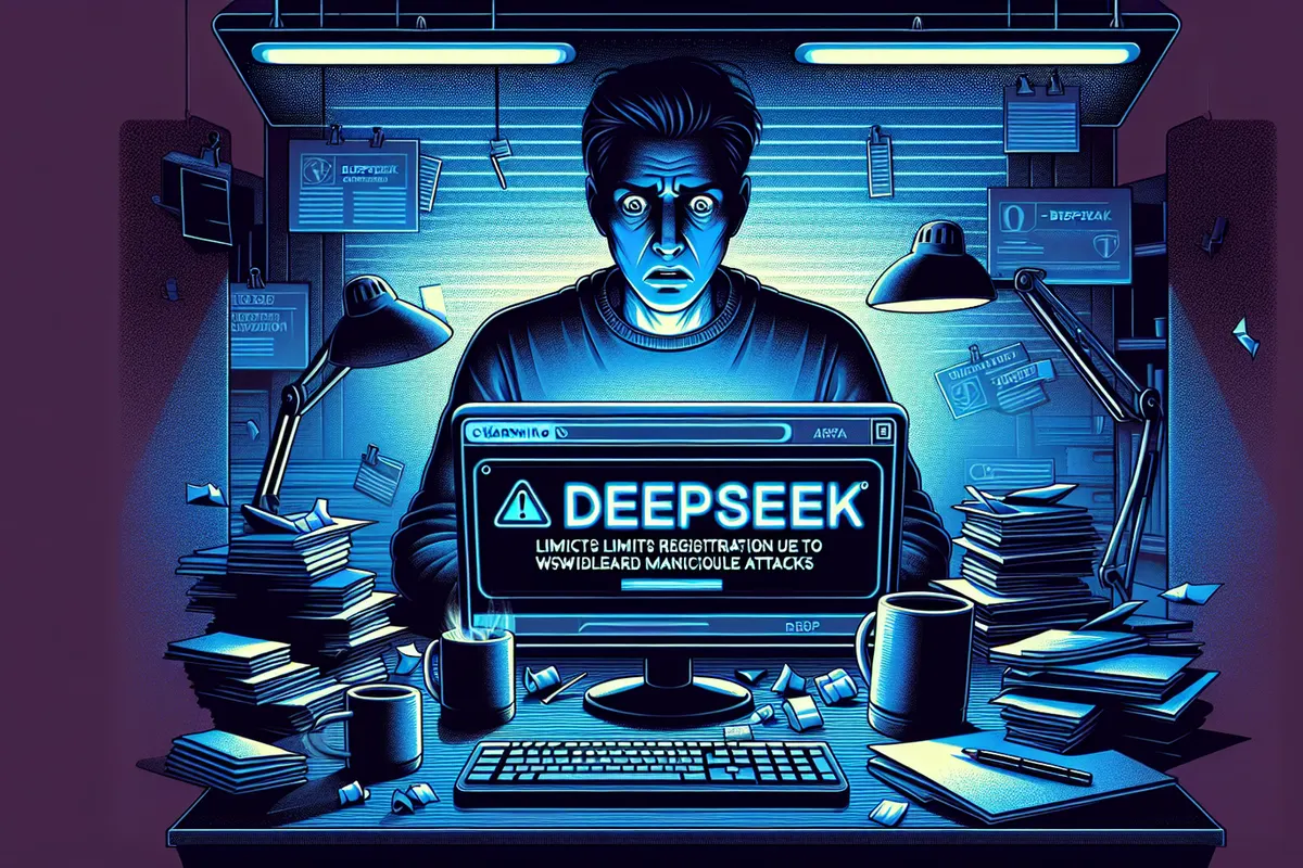 Écran d’inscription saturé devant des serveurs, illustrant les restrictions temporaires imposées par DeepSeek