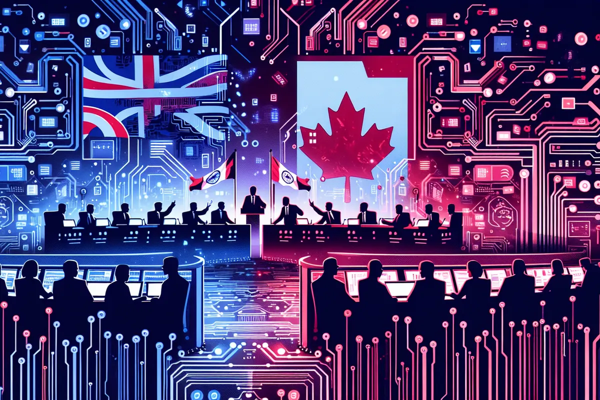 Bureau de vote canadien et flux de messages numériques illustrant les risques d’ingérence étrangère.
