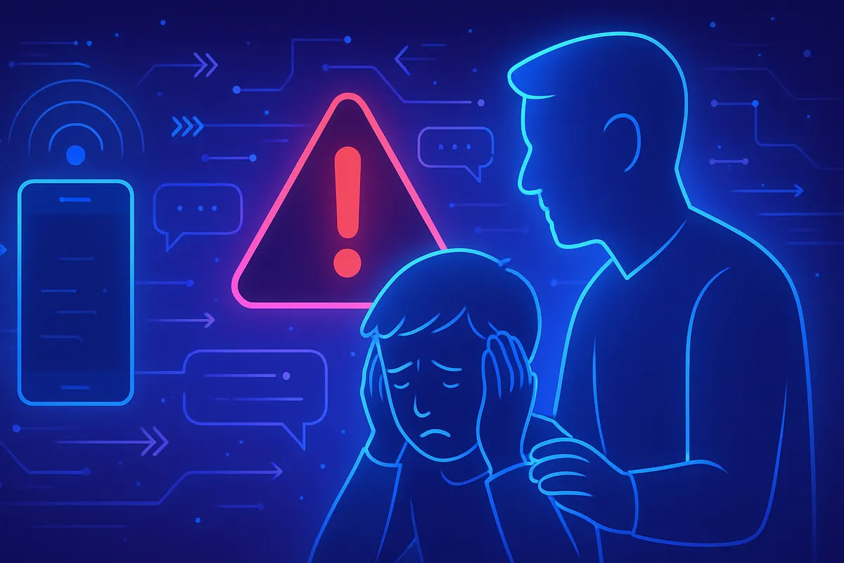 Un parent échange avec son adolescent devant une tablette après une alerte liée à une conversation en ligne.
