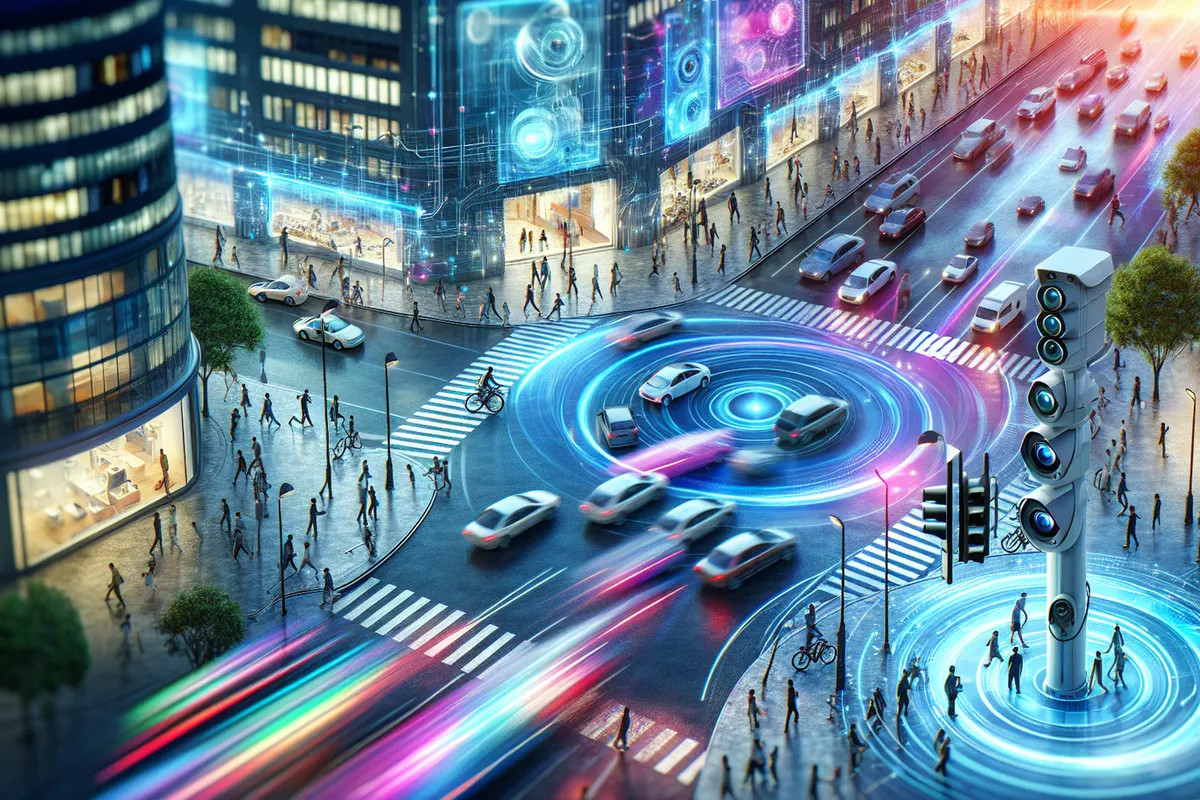 Carrefour urbain surveillé par un réseau de caméras adaptant leur activité au trafic.