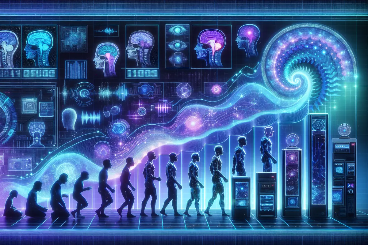 Frise visuelle des cartes perforées, de l’ordinateur graphique et des interfaces vocales et cérébrales.