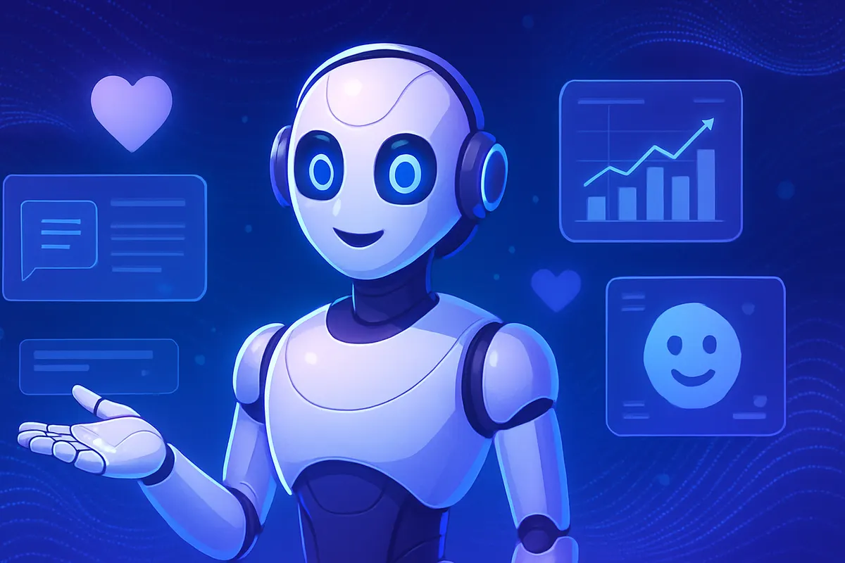 Une personne consulte un chatbot sur ordinateur tandis qu’un couple discute en arrière-plan.