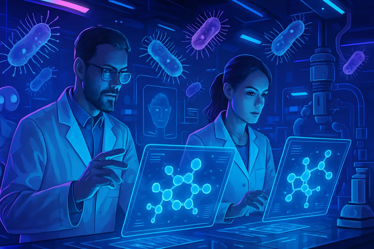 Une chercheuse examine des molécules candidates et des cultures bactériennes dans un laboratoire.