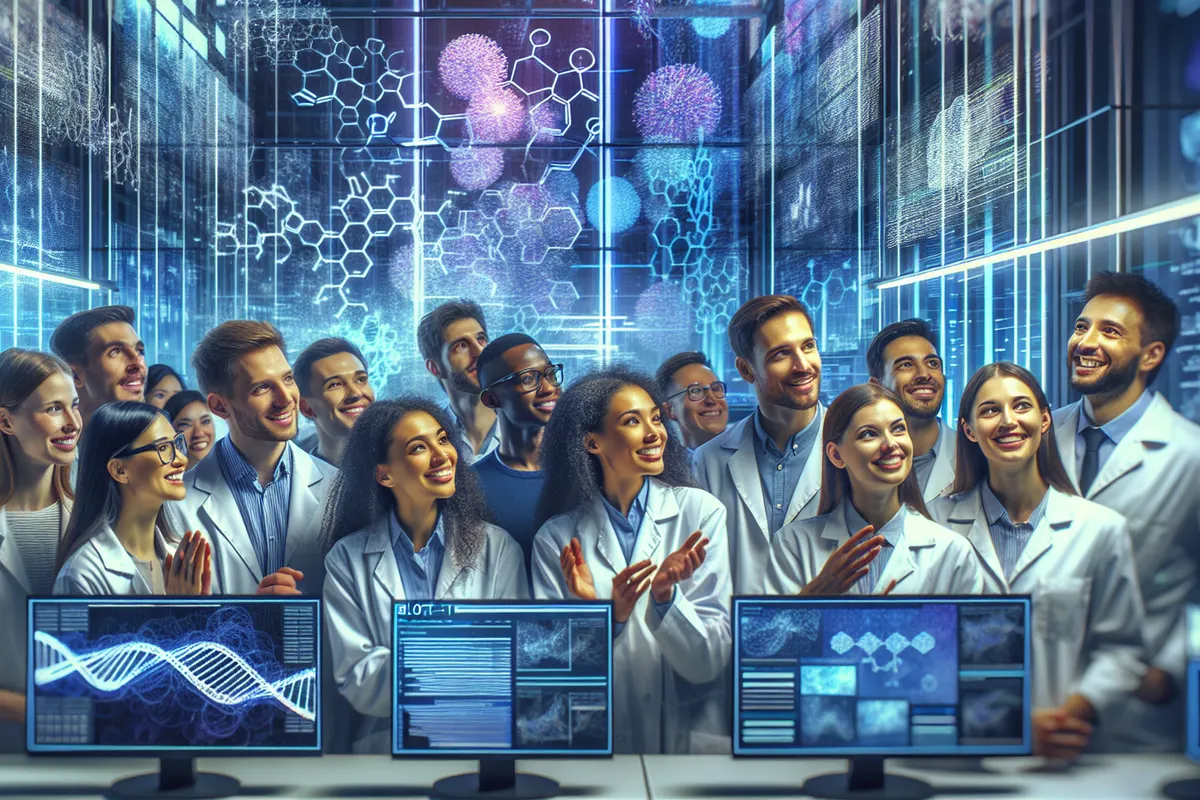 Deux scientifiques observent une visualisation tridimensionnelle de protéines et de biomolécules en laboratoire.