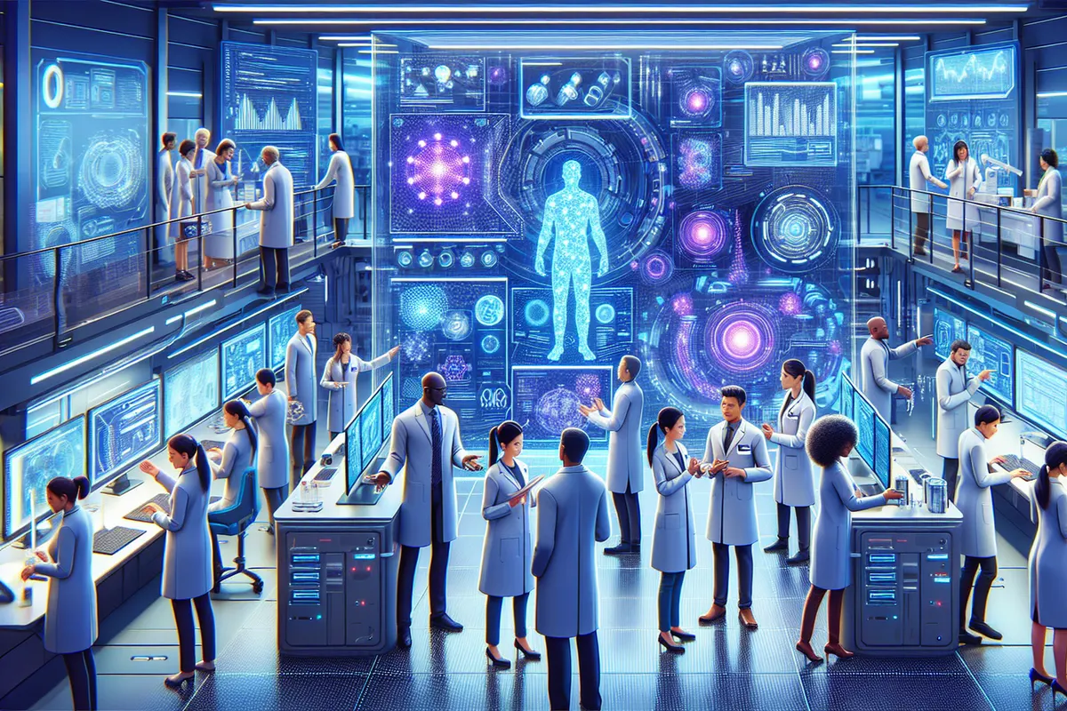 Des chercheurs analysent un plan complexe relié à un réseau de décisions généré par intelligence artificielle.