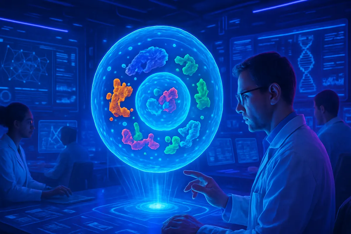 Visualisation scientifique d’une cellule humaine et de protéines dont une IA prédit la localisation interne.
