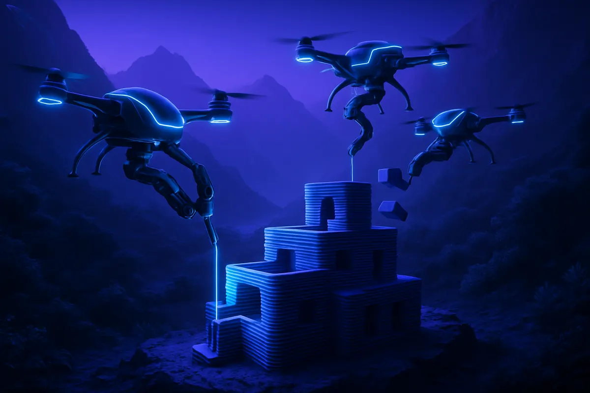 Des drones assemblent des blocs magnétiques pour ériger un abri sur un terrain difficile d’accès.