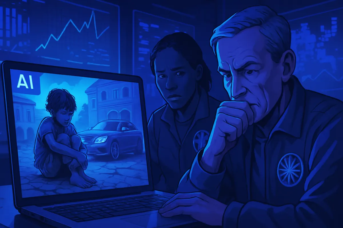 Une équipe humanitaire examine des images synthétiques avant une campagne sur la pauvreté.