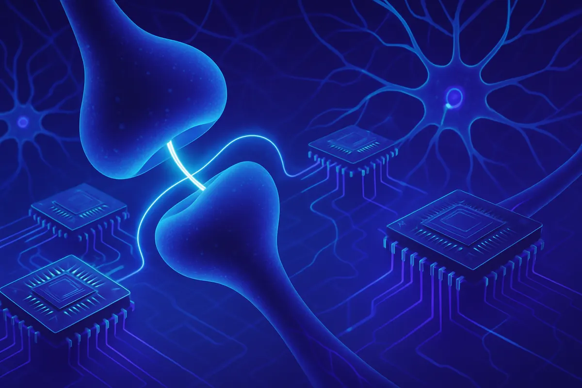 Illustration d’une jonction magnétique stimulée par laser et reliée à un réseau neuromorphique.