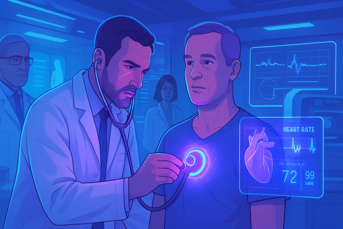 Un médecin utilise un stéthoscope numérique et consulte les résultats cardiaques sur un smartphone.