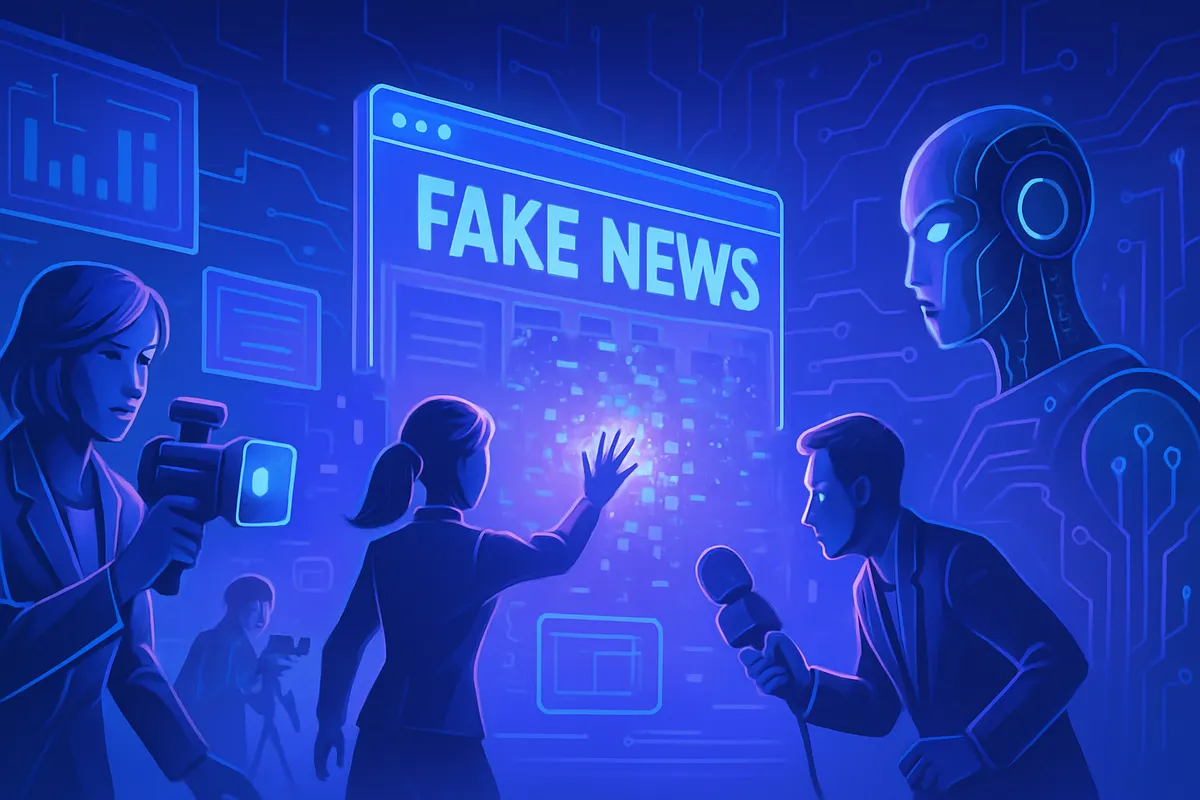 Des journalistes comparent des articles et des pages web devant un écran symbolisant le blocage d’un site.