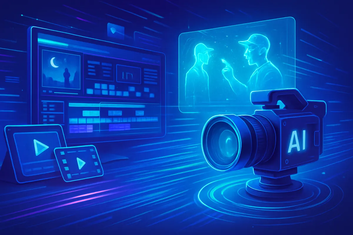 Un cinéaste examine des plans générés par IA sur plusieurs écrans dans un studio de montage.