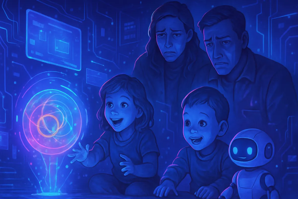 Un parent accompagne un jeune enfant devant une tablette, avec livres, dessins et jouets sur la table.