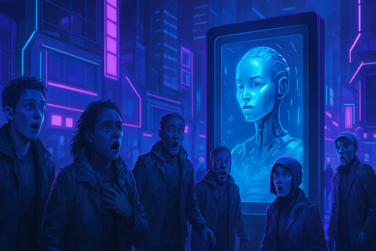 Des passants observent avec inquiétude un grand panneau sur l’intelligence artificielle dans une rue urbaine.