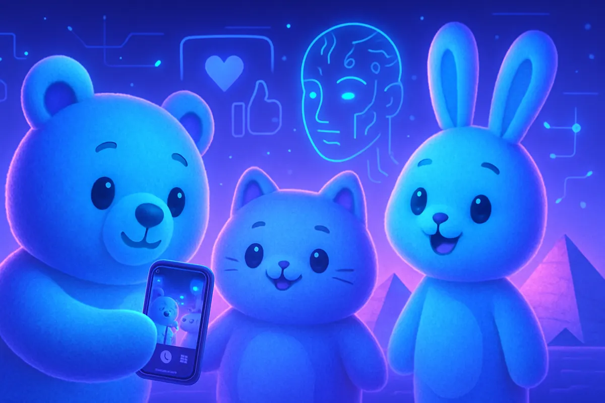 Un smartphone affiche des vidéos IA, avec un chaton pâtissier et un personnage inspiré de l’Égypte antique.