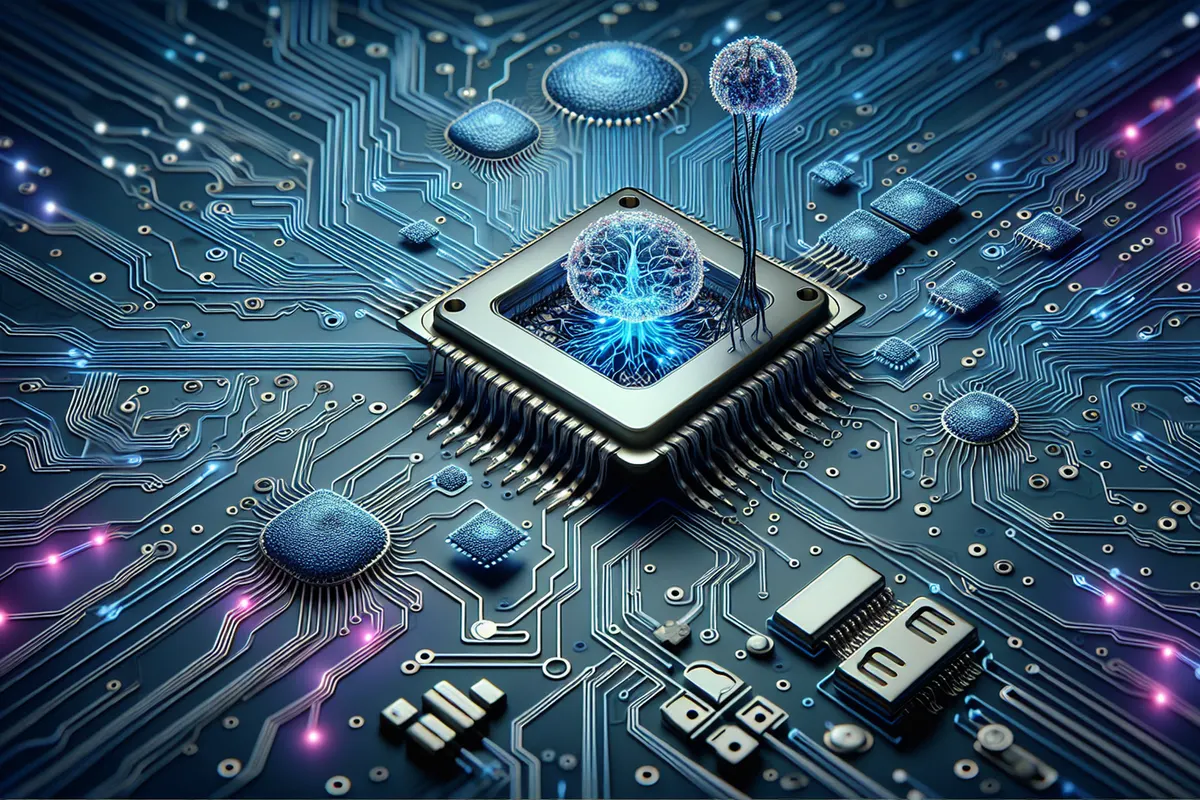 Gros plan d’une puce semi-conductrice expérimentale évoquant un réseau de neurones et de synapses artificiels.