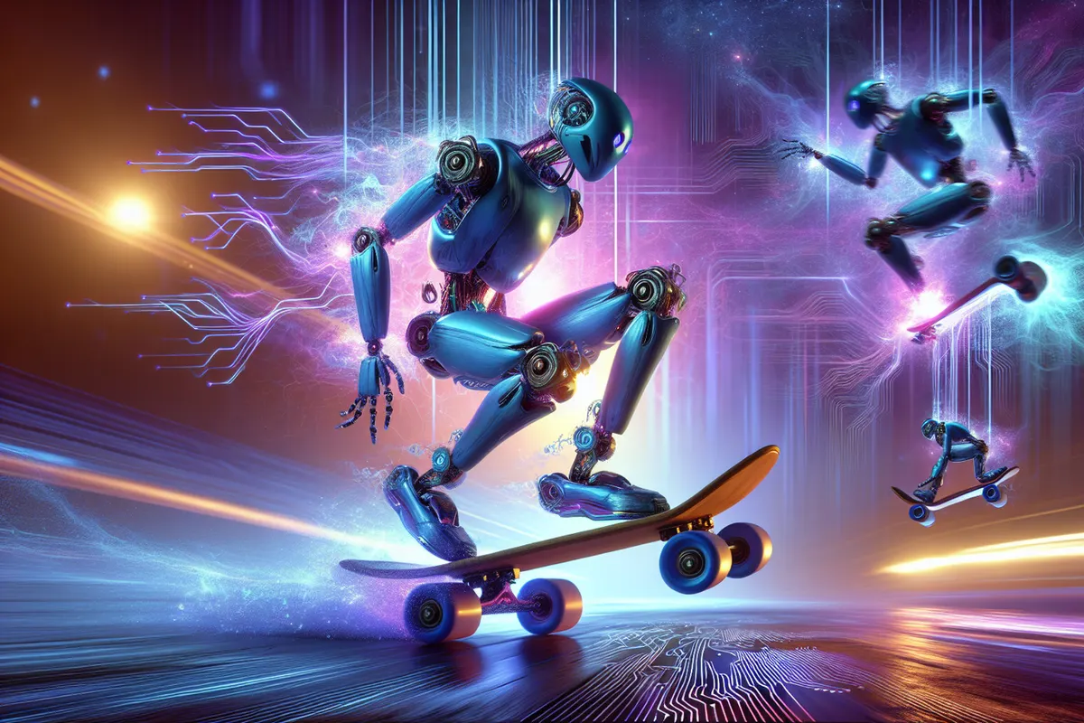 Robot quadrupède en équilibre sur une planche à roulettes lors d’un essai de mobilité en laboratoire