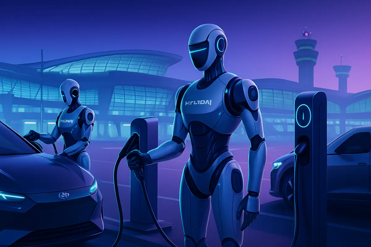 Un robot autonome branche un câble de recharge sur une voiture électrique dans le parking de l’aéroport d’Incheon.
