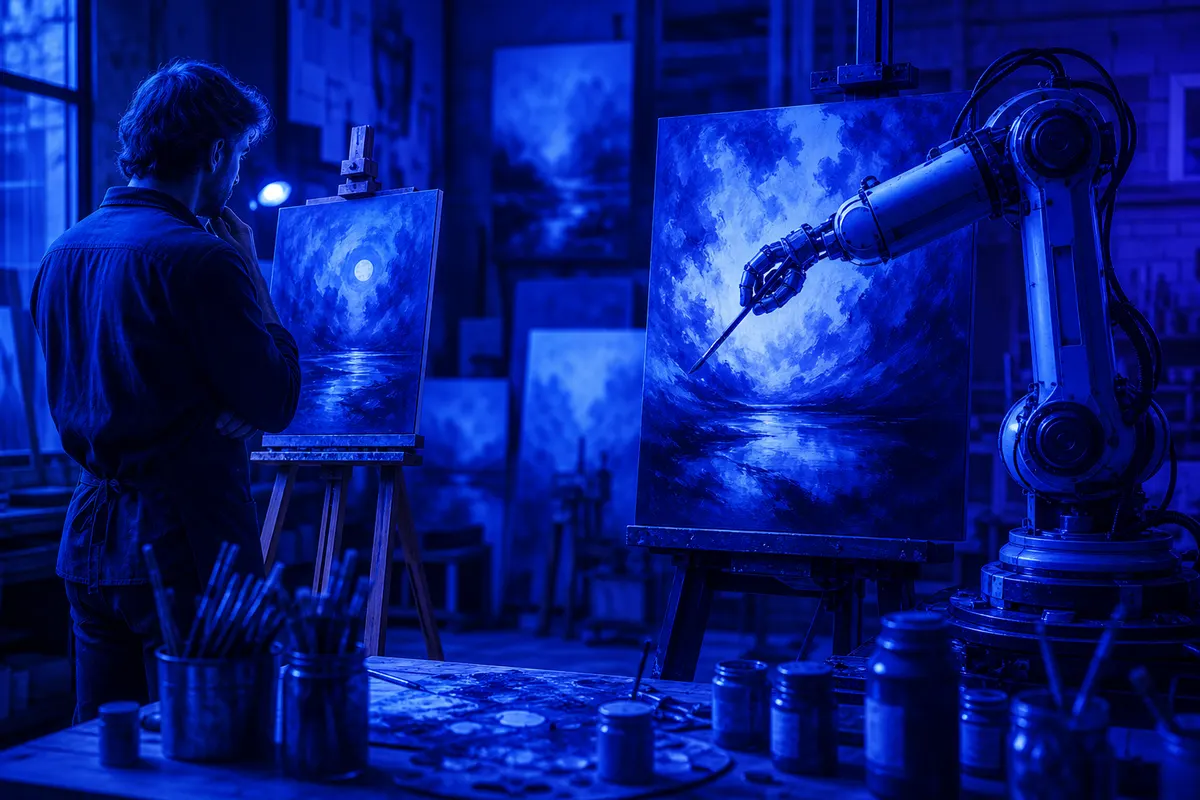 Un bras robotisé peint une toile dans un atelier, sous le regard d’une artiste près de son œuvre originale.