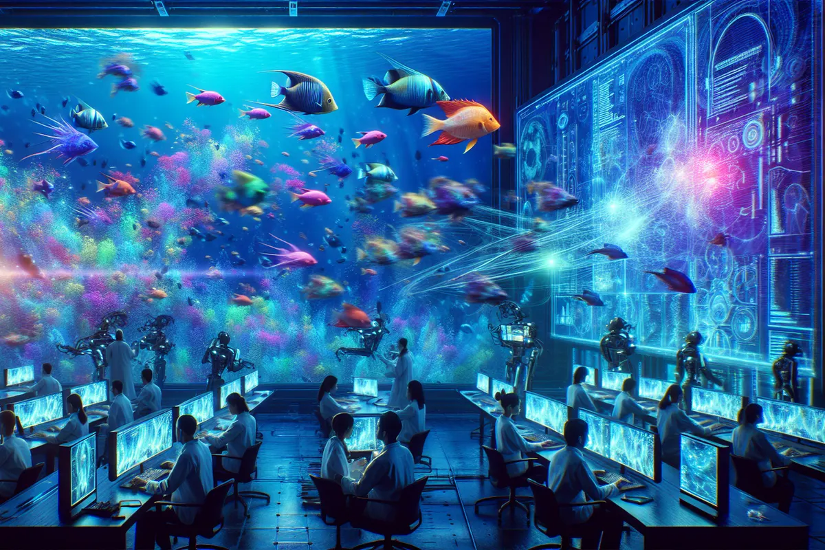 Des poissons zèbres interagissent avec des congénères virtuels dans une arène reliée à des essaims robotiques.